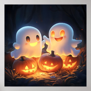 Cute Spooky Halloween Cartoon Ghosts Glowing Pumpk Poster