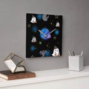 Cute Spooky Halloween Galaxy Square Wall Clock