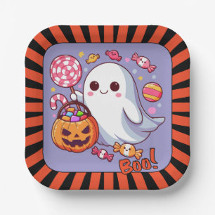 Cute Spooky Halloween Ghost, Pumpkins, and Candy Paper Plate