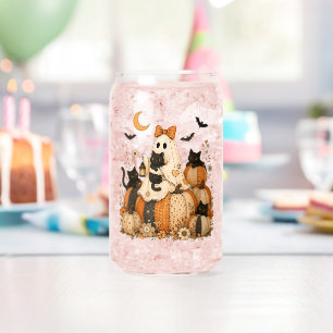 Cute Spooky Halloween Ghost with Black Cats Can Glass
