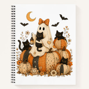Cute Spooky Halloween Ghost with Black Cats Notebook