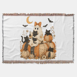 Cute Spooky Halloween Ghost with Black Cats Throw Blanket