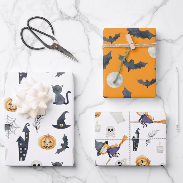 CUTE SPOOKY HALLOWEEN GHOSTS PUMPKINS BATS MOONS WRAPPING PAPER SHEET (Front)