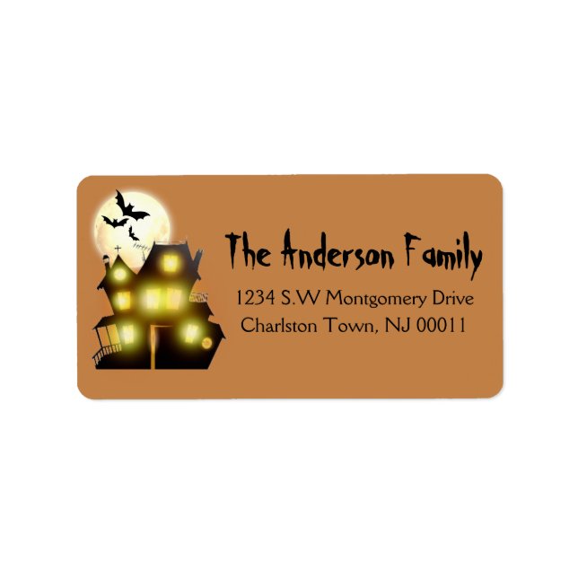 Cute Spooky Halloween Moon Haunted House & Bats Label (Front)
