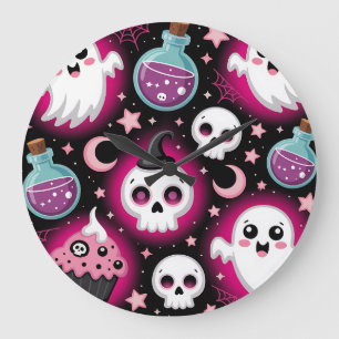 Cute Spooky Halloween Pattern with Ghosts, Skulls Large Clock
