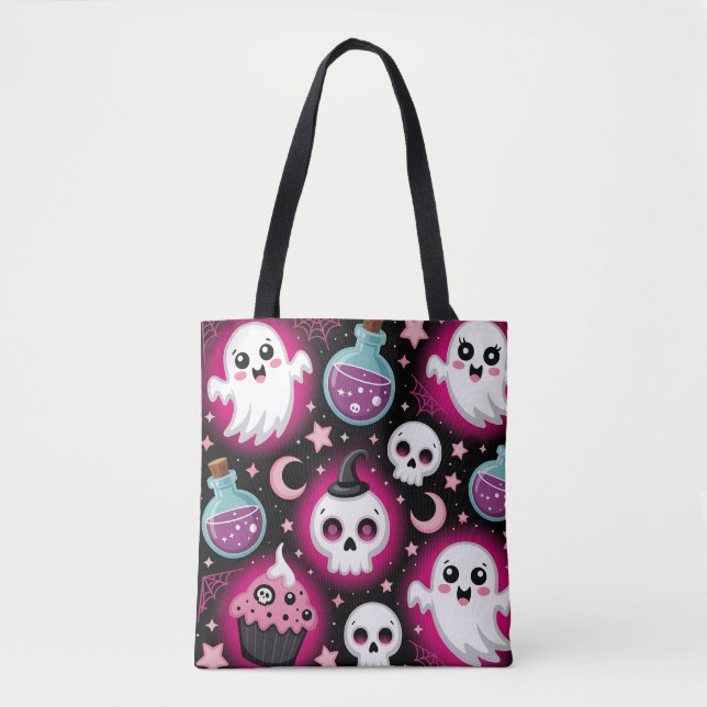 Cute Spooky Halloween Pattern with Ghosts, Skulls  Tote Bag (Front)