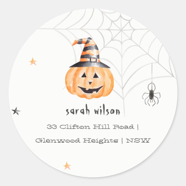 Cute Spooky Halloween Pumpkin Spider Address Classic Round Sticker (Front)