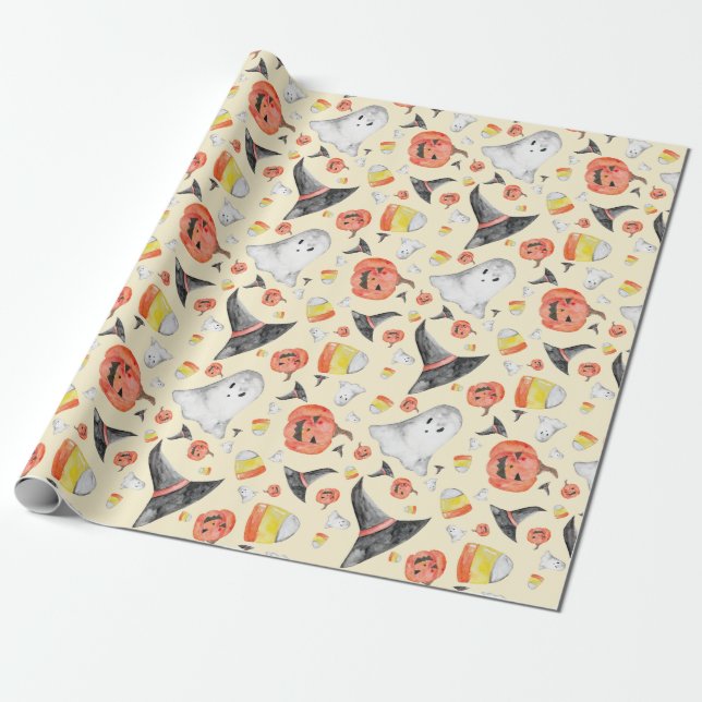 Cute Spooky Halloween Watercolor Witch Ghost Jack Wrapping Paper (Unrolled)