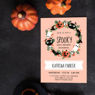 Cute Spooky Halloween Wreath Blush Baby Shower Invitation