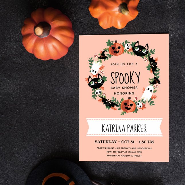 Cute Spooky Halloween Wreath Blush Baby Shower Invitation (Creator Uploaded)
