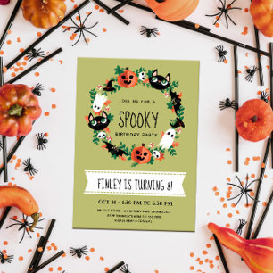 Cute Spooky Halloween Wreath Green Kids Birthday Invitation