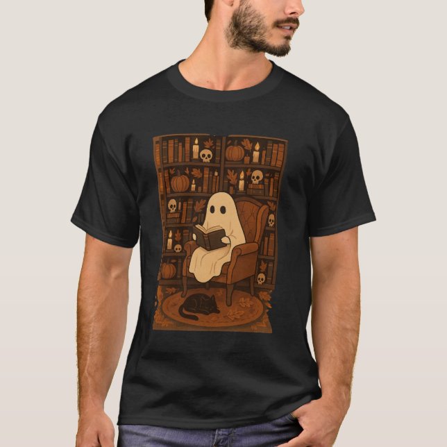 Cute Spooky Library, Autumn Reading Ghost T-Shirt (Front)