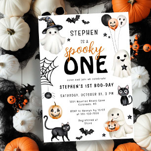Cute Spooky One Ghost Halloween 1st Birthday Invitation