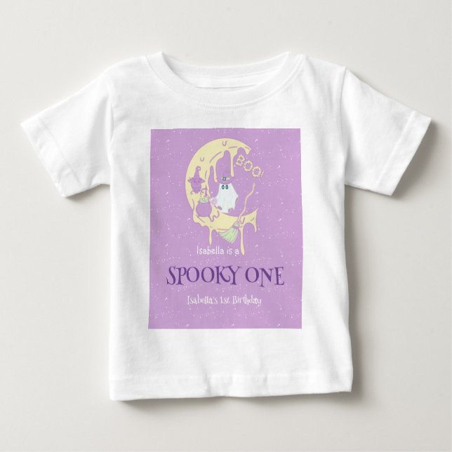 Cute Spooky One Ghost Moon Halloween 1st Birthday Baby T-Shirt (Front)