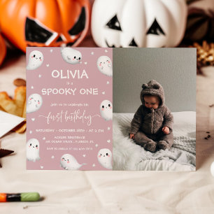 Cute Spooky One Halloween Girl 1st Birthday Photo Invitation