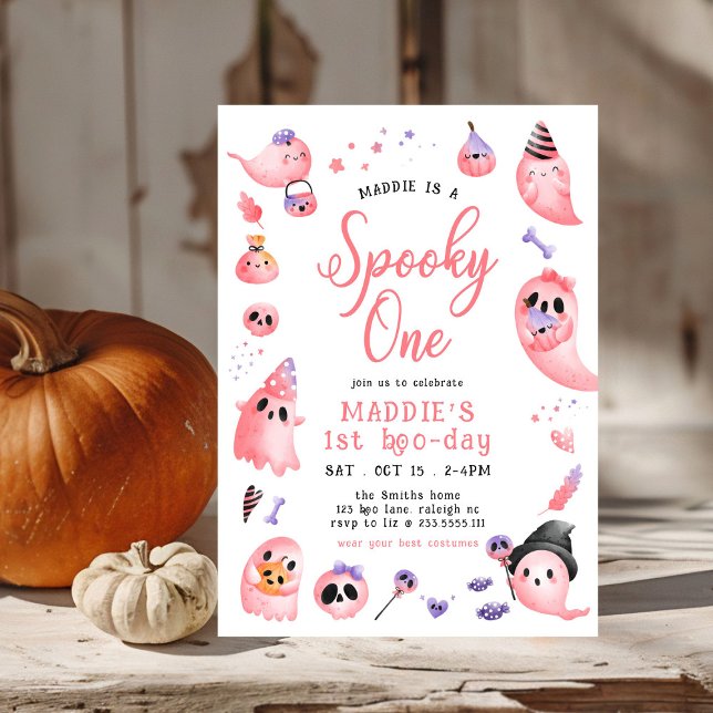 Cute Spooky One Pink Halloween Ghost 1st Birthday Invitation (Creator Uploaded)