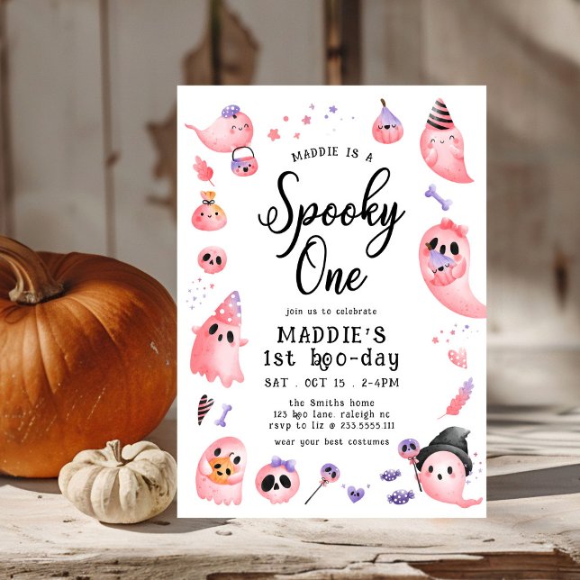 Cute Spooky One Pink Halloween Ghost 1st Birthday Invitation (Creator Uploaded)