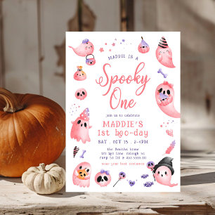 Cute Spooky One Pink Halloween Ghost 1st Birthday Invitation