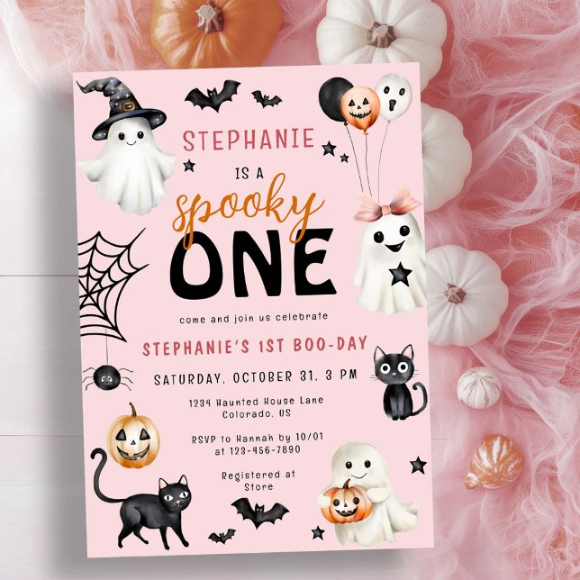Cute Spooky One Pink Halloween Girl 1st Birthday Invitation (Creator Uploaded)