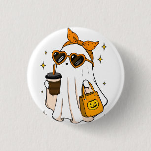 Cute Spooky Season Ghost with Iced Coffee & Heart 3 Cm Round Badge