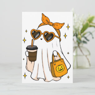 Cute Spooky Season Ghost with Iced Coffee & Heart  Invitation
