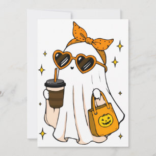 Cute Spooky Season Ghost with Iced Coffee & Heart  Invitation