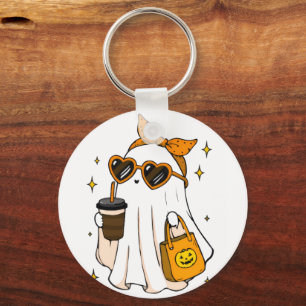 Cute Spooky Season Ghost with Iced Coffee & Heart Key Ring