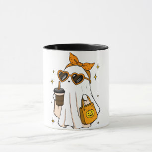 Cute Spooky Season Ghost with Iced Coffee & Heart Mug
