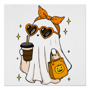 Cute Spooky Season Ghost with Iced Coffee & Heart Poster
