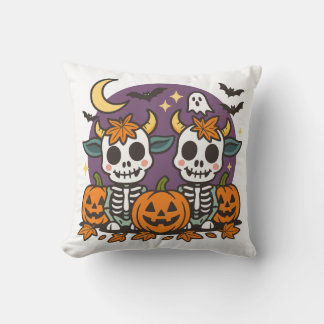 Cute Spooky Skeleton Cows Throw Pillow