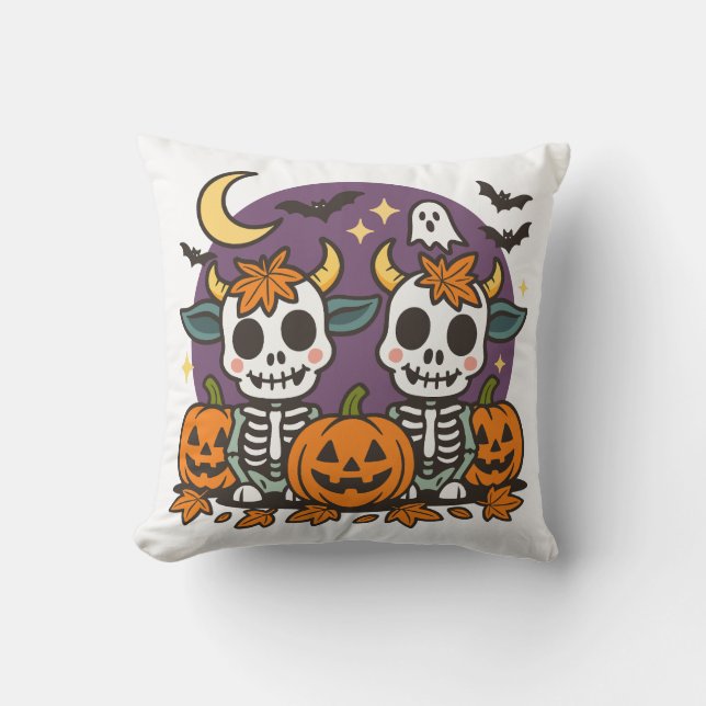 Cute Spooky Skeleton Cows Throw Pillow (Front)