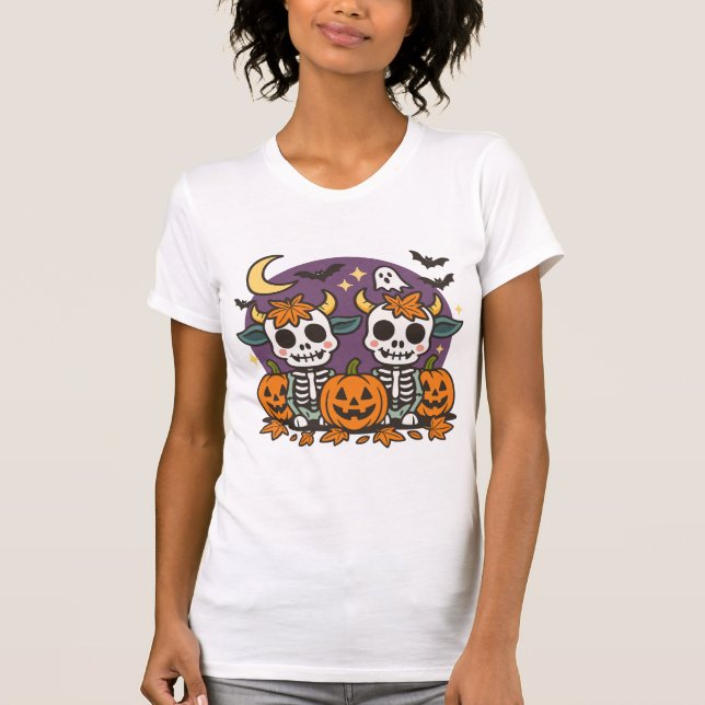 Cute Spooky Skeleton Cows with Pumpkins T-Shirt (Front)
