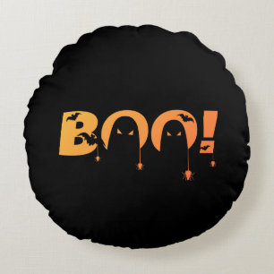 Cute Spooky Typography with Bats & Spiders Round Cushion
