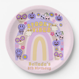 Cute Spooky Vibes Groovy Ghost Halloween Birthday Paper Plate