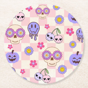 Cute Spooky Vibes Groovy Ghost Halloween  Round Paper Coaster