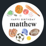 Cute Sports Balls Kid Boy Happy Birthday Favour Classic Round Sticker<br><div class="desc">Modern All Star Sports Balls Team Kids Birthday</div>