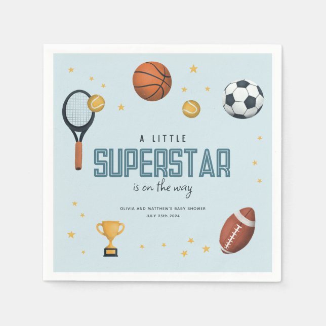 Cute Sports Superstar Boys Baby Shower Napkin (Front)