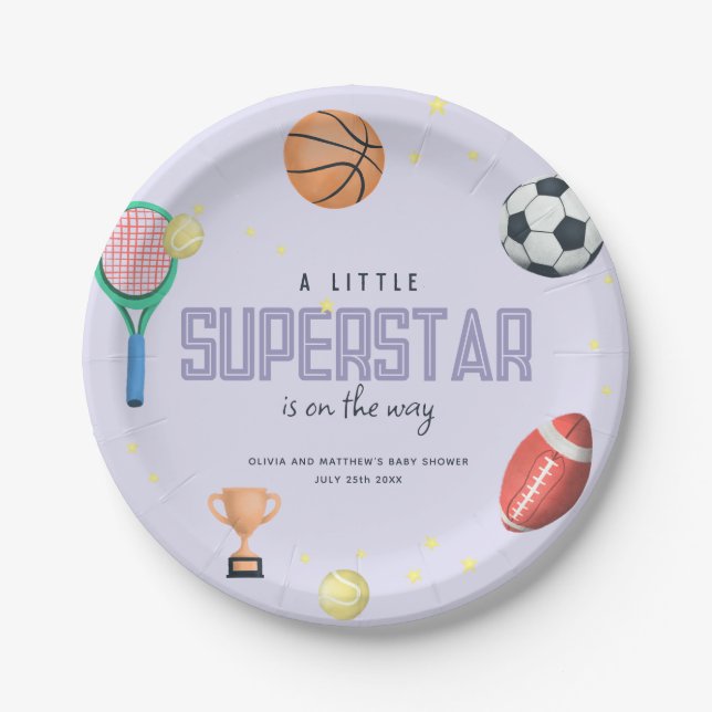 Cute Sports Superstar Girls Purple Baby Shower Paper Plate (Front)