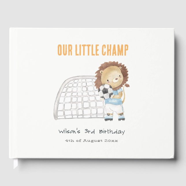 Cute Sporty Football Player Lion Kids Birthday Guest Book (Front)