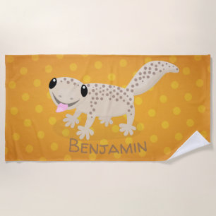 Cute spotted tan gecko cartoon illustration beach towel