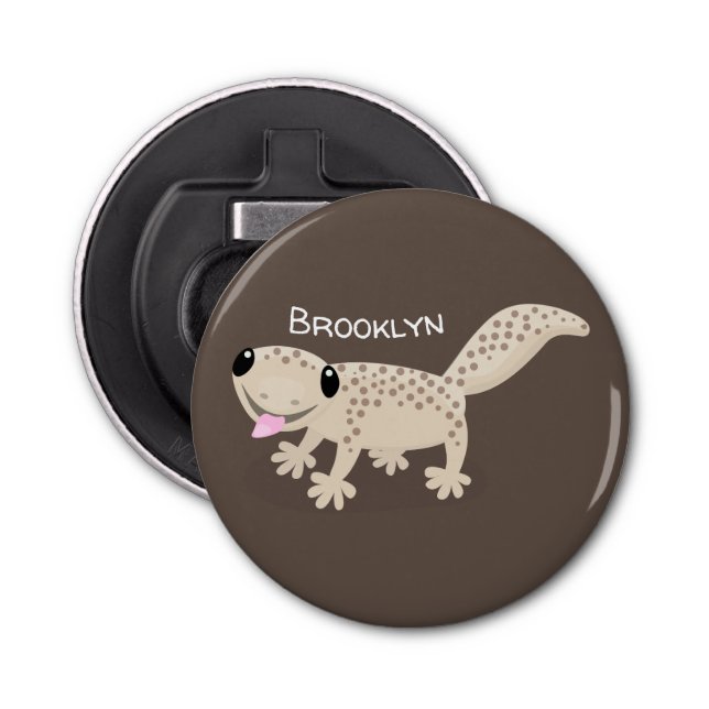 Cute spotted tan gecko cartoon illustration bottle opener (Front)