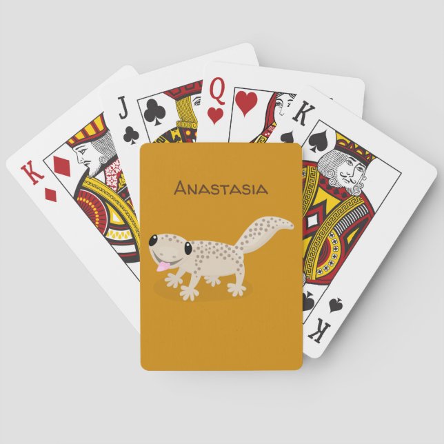 Cute spotted tan gecko cartoon illustration playing cards (Back)