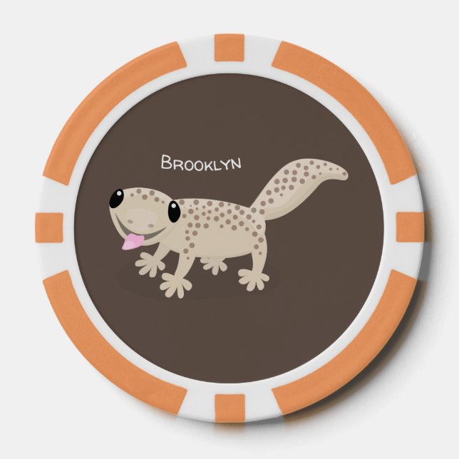 Cute spotted tan gecko cartoon illustration poker chips (Front)