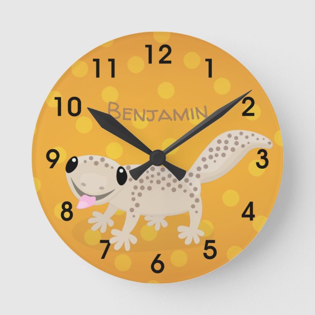 Cute spotted tan gecko cartoon illustration round  round clock (Front)