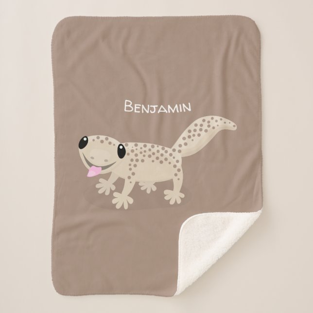Cute spotted tan gecko cartoon illustration sherpa blanket (Front)