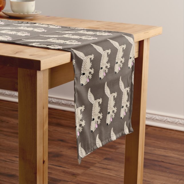 Cute spotted tan gecko cartoon illustration short table runner (In Situ)