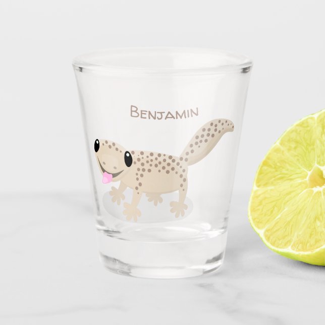 Cute spotted tan gecko cartoon illustration  shot glass (Front)