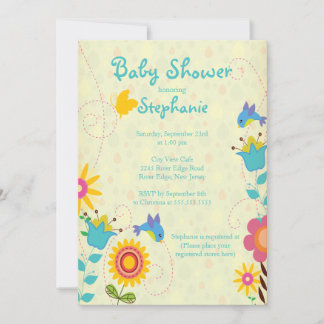 Cute Spring Birds & Flowers Baby Shower Invitation