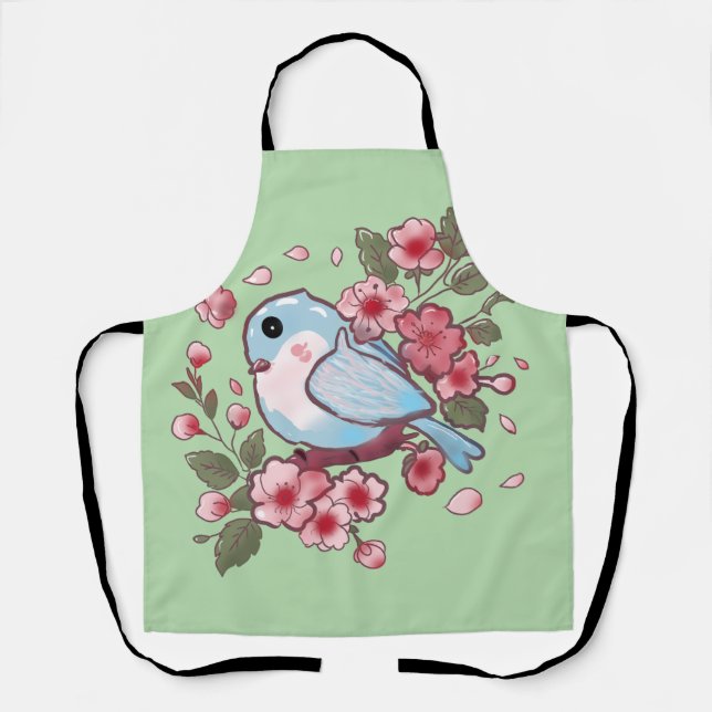 Cute Spring Bluebird & Cherry Blossom Watercolor A Apron (Front)