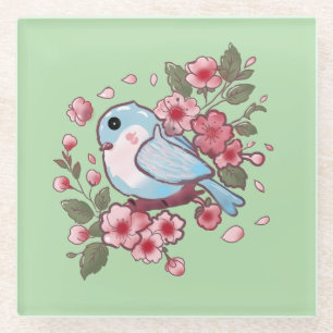 Cute Spring Bluebird & Cherry Blossom Watercolor A Glass Coaster